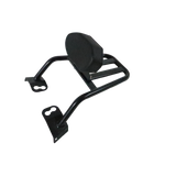 Motocare Dominar 400 pipe carrier with plate and backrest installed on Bajaj Dominar 400 motorcycle for touring luggage support and pillion comfort