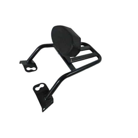 Motocare Dominar 400 pipe carrier with plate and backrest installed on Bajaj Dominar 400 motorcycle for touring luggage support and pillion comfort