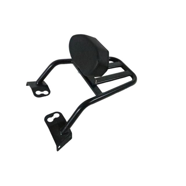 Motocare Dominar 400 pipe carrier with plate and backrest installed on Bajaj Dominar 400 motorcycle for touring luggage support and pillion comfort