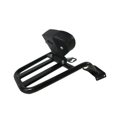 Motocare Dominar 400 pipe carrier with plate and backrest installed on Bajaj Dominar 400 motorcycle for touring luggage support and pillion comfort