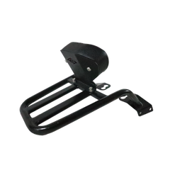 Motocare Dominar 400 pipe carrier with plate and backrest installed on Bajaj Dominar 400 motorcycle for touring luggage support and pillion comfort