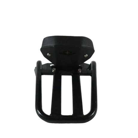 Motocare Dominar 400 pipe carrier with plate and backrest installed on Bajaj Dominar 400 motorcycle for touring luggage support and pillion comfort