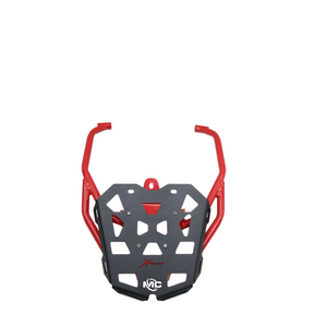 MotoCare red and black pipe carrier installed on Hero XPulse 210 for luggage support and touring use