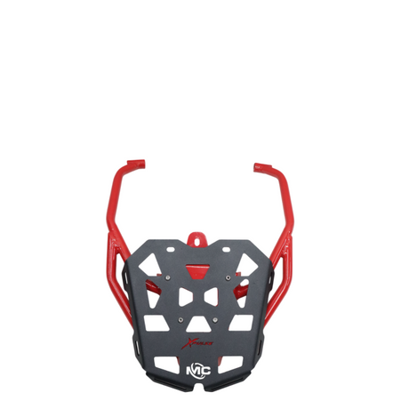 MotoCare red and black pipe carrier installed on Hero XPulse 210 for luggage support and touring use