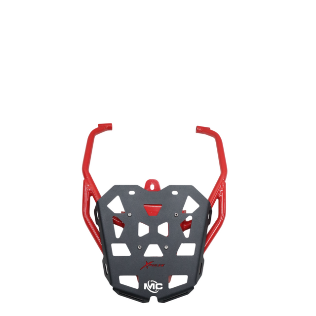 MotoCare red and black pipe carrier installed on Hero XPulse 210 for luggage support and touring use