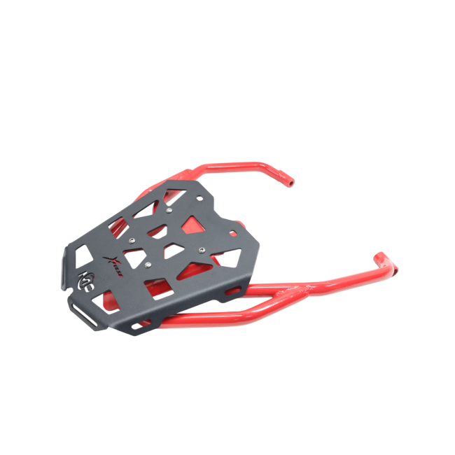 MotoCare red and black pipe carrier installed on Hero XPulse 210 for luggage support and touring use