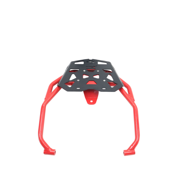 MotoCare red and black pipe carrier installed on Hero XPulse 210 for luggage support and touring use