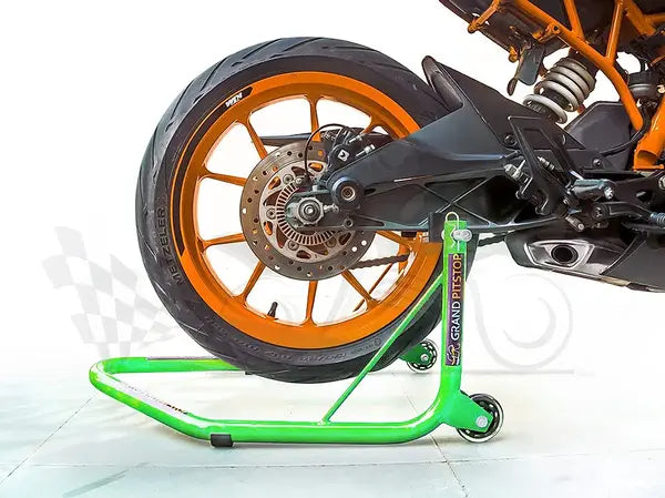 Non-Dismantable Universal Rear Paddock Stand with Skate Wheels - Green - (Bike Wt upto: 350 kgs)