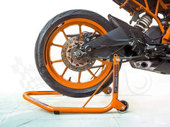 Non-Dismantable Universal Rear Paddock Stand with Skate Wheels - Orange - (Bike Wt upto: 350 kgs)