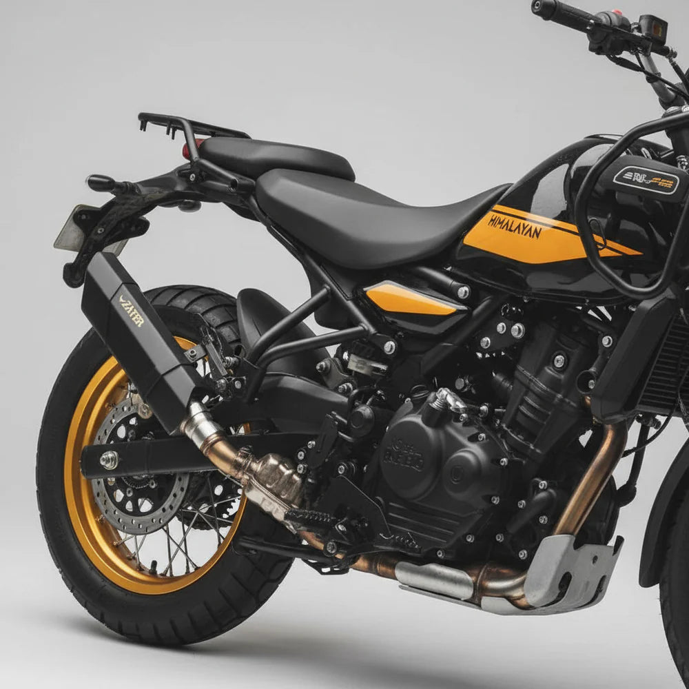 Rogue 2.0 stainless steel exhaust for Royal Enfield Himalayan 450 available in black and silver with decat pipe option