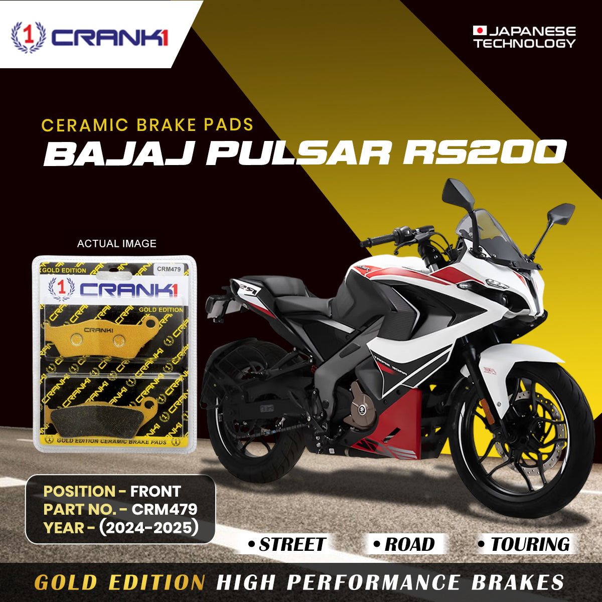 CRANK1 Ceramic Front Brake Pads CRM479 for Bajaj Pulsar RS200 (2024-2025) HH Rated Motorcycle Disc Brake Pads