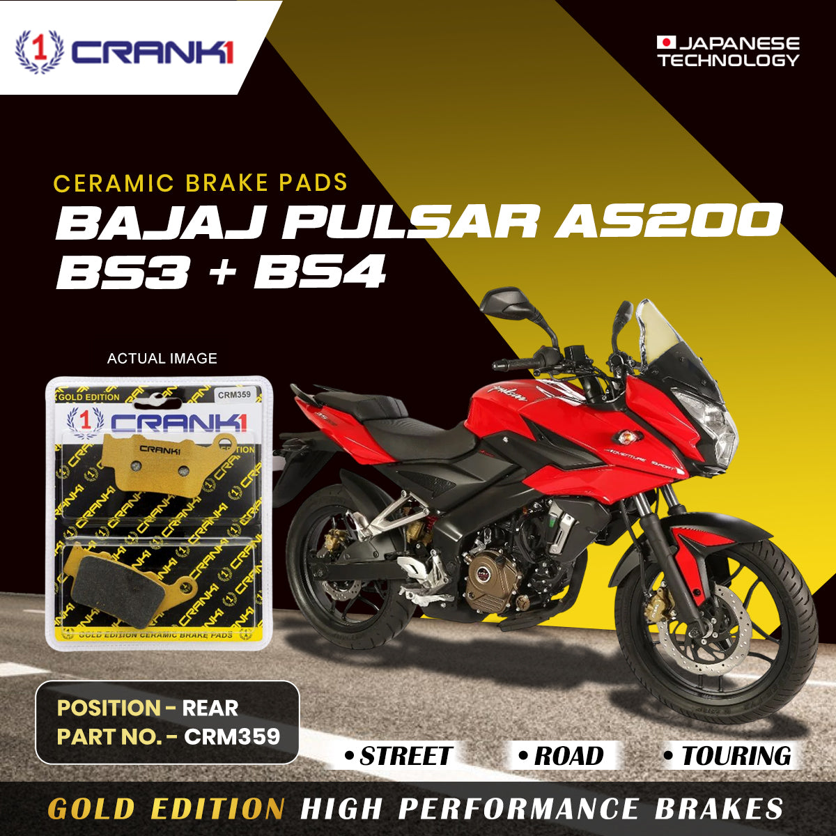 CRANK1 CRM359 ceramic rear brake pads for Bajaj Pulsar AS200 BS3 BS4 motorcycle