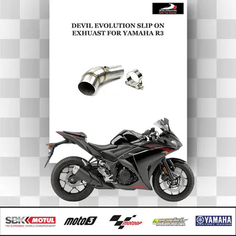 Devil Evolution slip-on exhaust Yamaha R3 titanium finish performance silencer with carbon tip