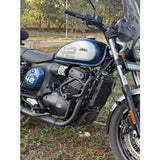 MotoCare radiator guard installed on Jawa 42 FJ motorcycle protecting engine radiator from debris and stones