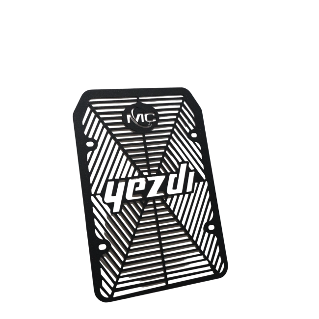 MotoCare radiator guard mesh installed on Yezdi Adventure 2024 protecting engine cooling radiator from debris and stones