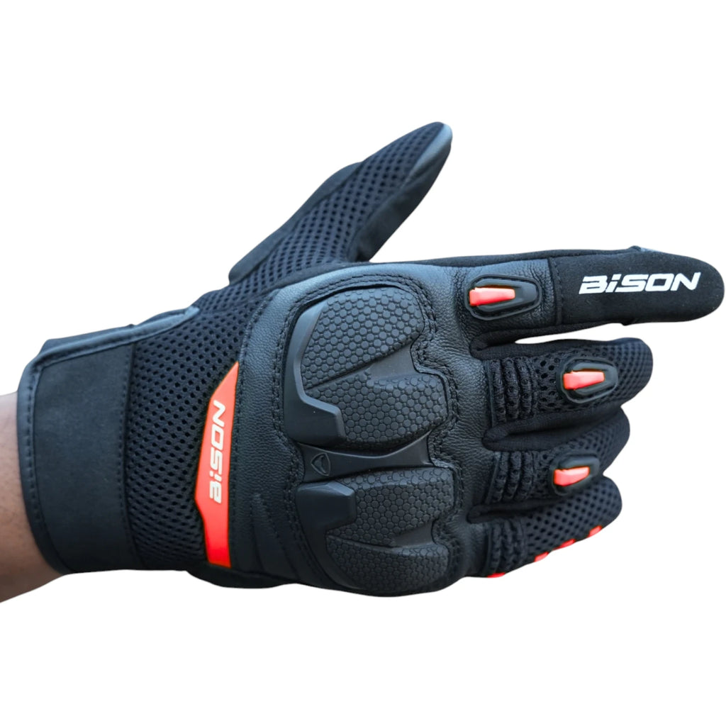 Bison ProGear Raptor motorcycle riding gloves in black and red

