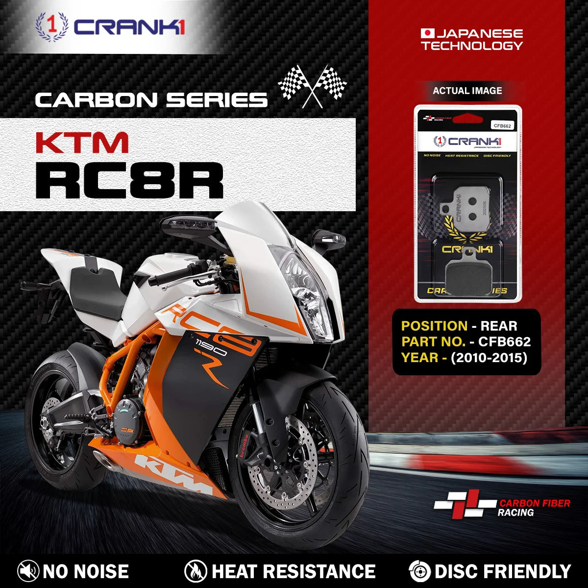 CRANK1 Carbon Rear Brake Pads CFB662 for KTM RC8R (2010-2015) | High Performance Motorcycle Brake Pads | 1 Set