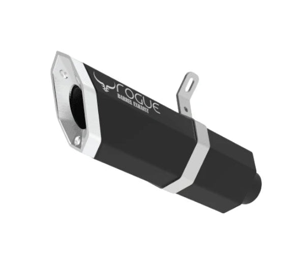 Barrel Rogue V1 stainless steel slip-on motorcycle exhaust available in black and steel finish