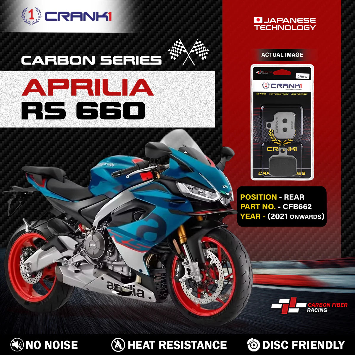 CRANK1 CFB662 Carbon Brake Pads Rear For Aprilia RS 660 2021 Motorcycle