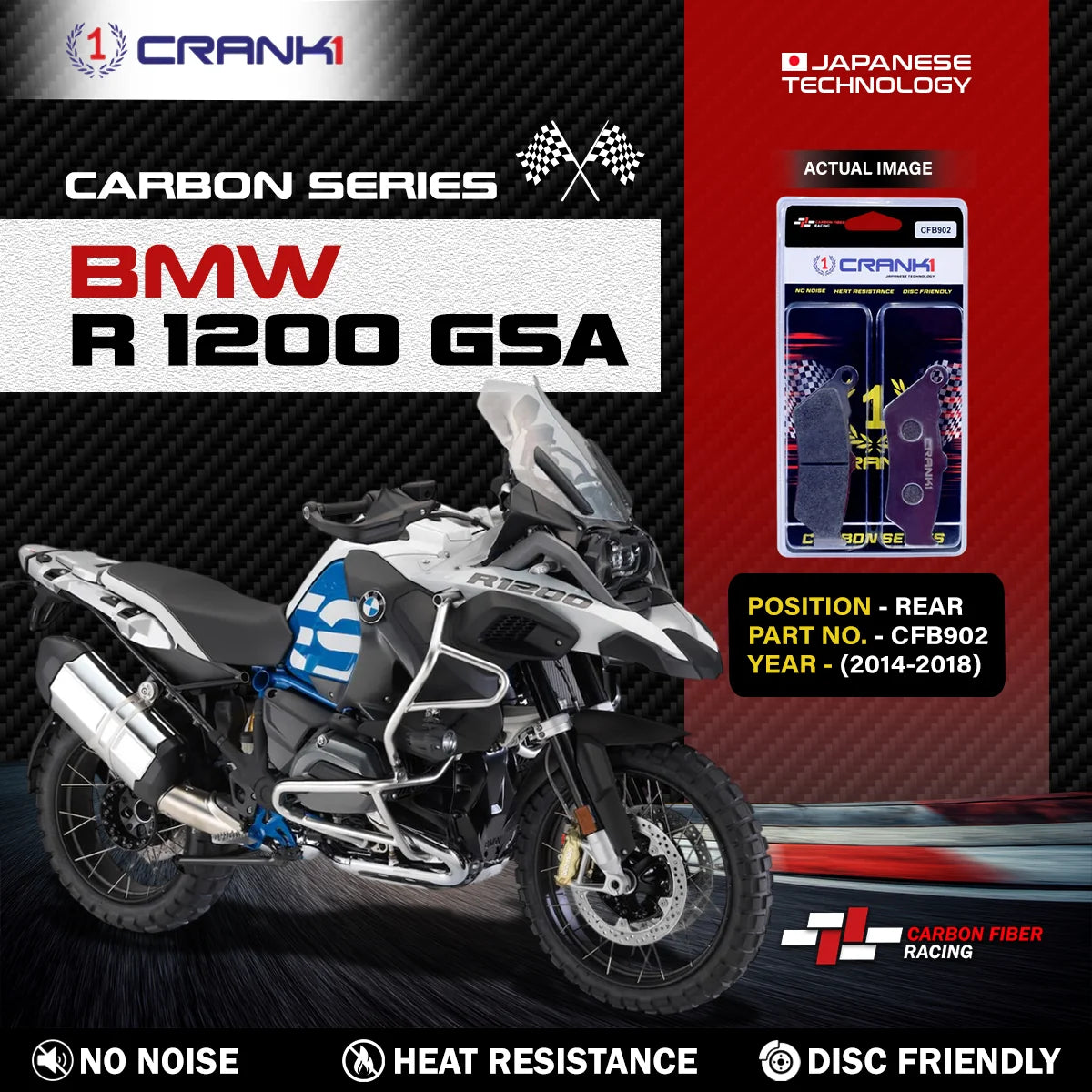 CRANK1 CFB902 carbon rear brake pads for BMW R 1200 GSA 2014-2018