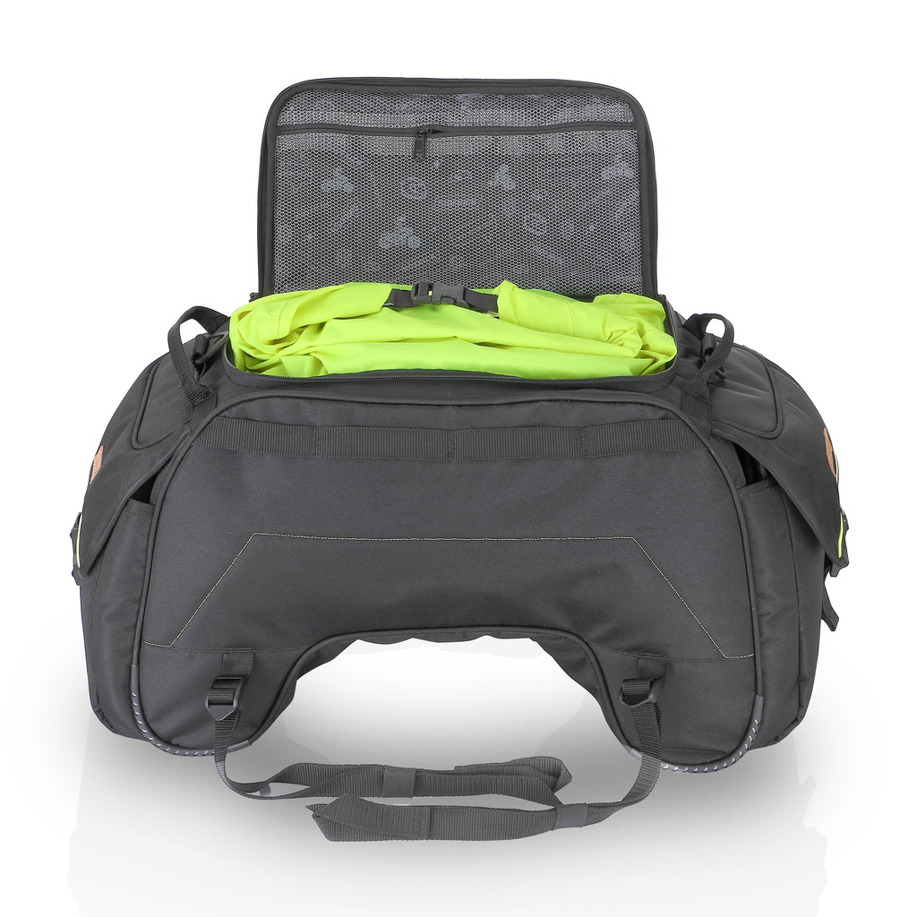 Guardian Gears SideKick 45L Motorcycle Tail Bag with waterproof inner dry bag and outer rain cover mounted on a motorcycle for touring