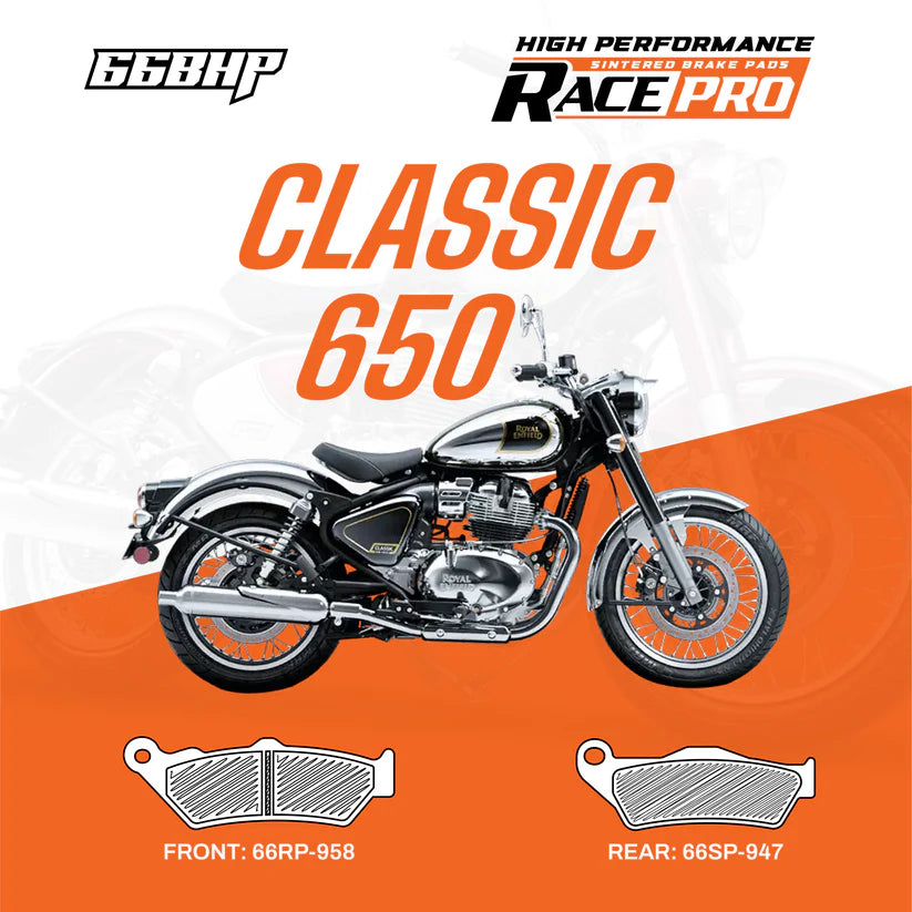 66BHP Race Pro Sintered Brake Pads for Royal Enfield Classic 650 Front 66RP-958 Rear 66RP-947