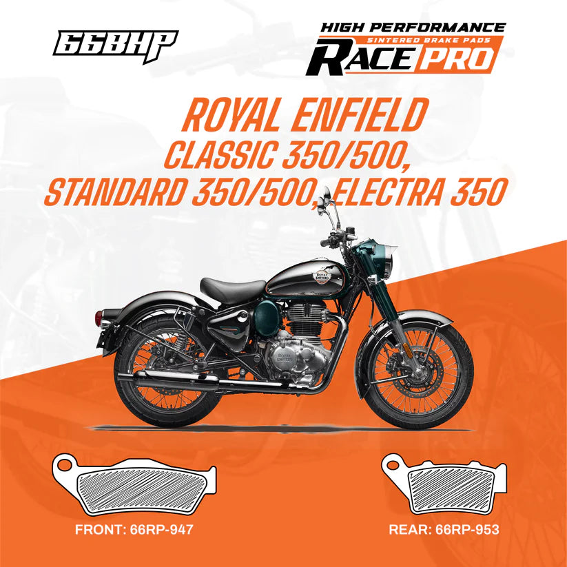 66BHP Race Pro Sintered Brake Pads for Royal Enfield Classic 350 500 Electra Front 947 Rear 953
