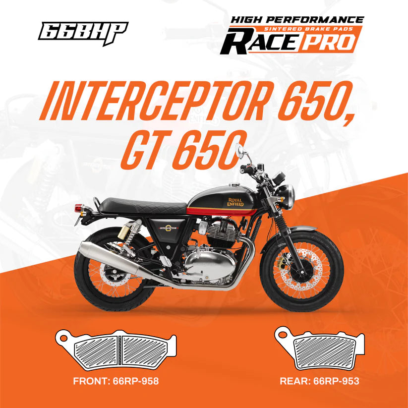 66BHP Race Pro Sintered Brake Pads for Royal Enfield Interceptor 650 Continental GT 650 Front 66RP-958 Rear 66RP-953