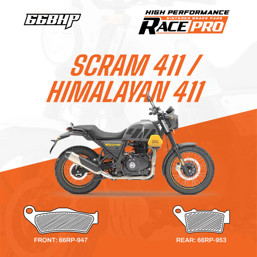 66BHP Race Pro Sintered Brake Pads for Royal Enfield Himalayan 411 Scram 411 Front 947 Rear 953