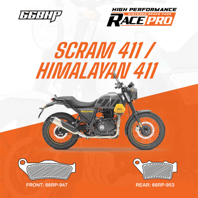 66BHP Race Pro Sintered Brake Pads for Royal Enfield Himalayan 411 Scram 411 Front 947 Rear 953