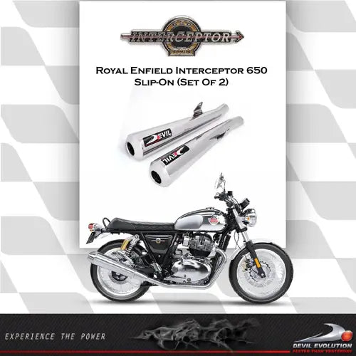 Devil Evolution slip-on exhaust set for Royal Enfield Interceptor 650 and Continental GT 650 stainless steel megaphone silencers