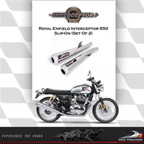 Devil Evolution slip-on exhaust set for Royal Enfield Interceptor 650 and Continental GT 650 stainless steel megaphone silencers