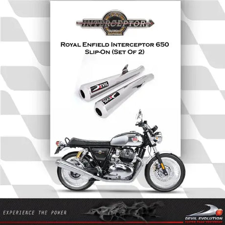 Devil Evolution slip-on exhaust set for Royal Enfield Interceptor 650 and Continental GT 650 stainless steel megaphone silencers