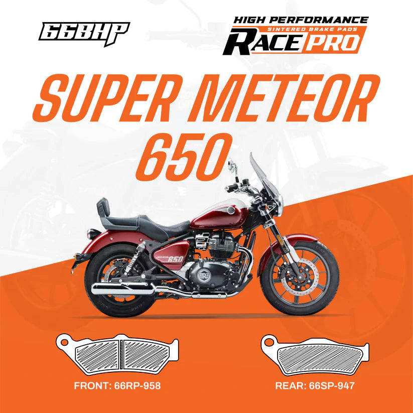 66BHP Race Pro Sintered Brake Pads for Royal Enfield Super Meteor 650 Front 66RP-958 Rear 66RP-947