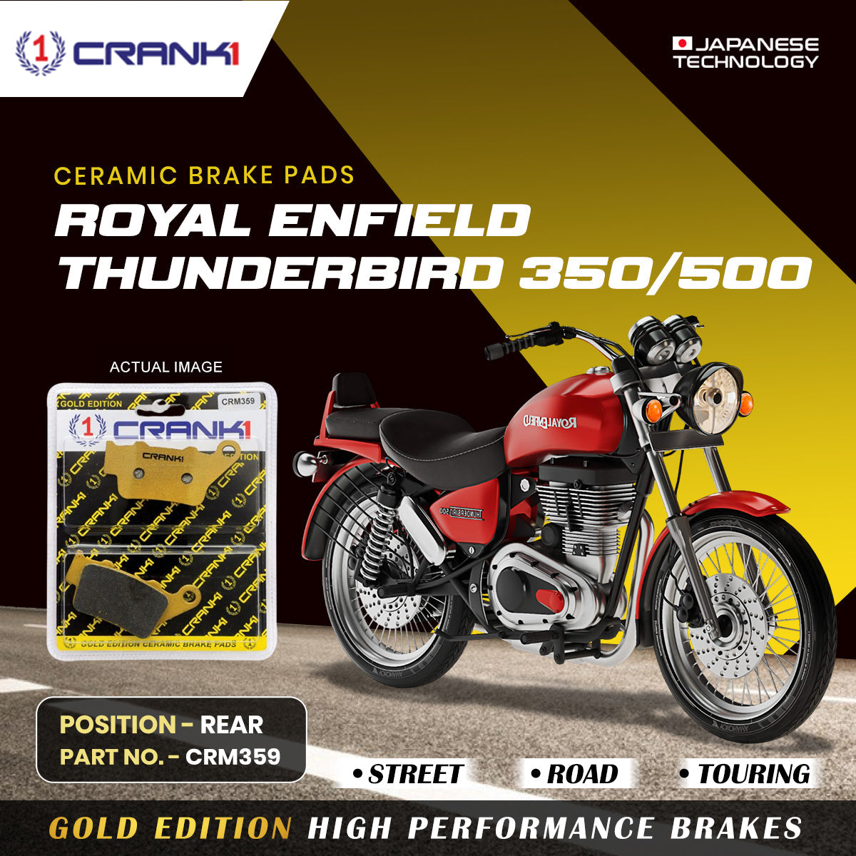 CRANK1 Ceramic Rear Brake Pads CRM359 for Royal Enfield Thunderbird 350 500 HH Rated Disc Brake Pads