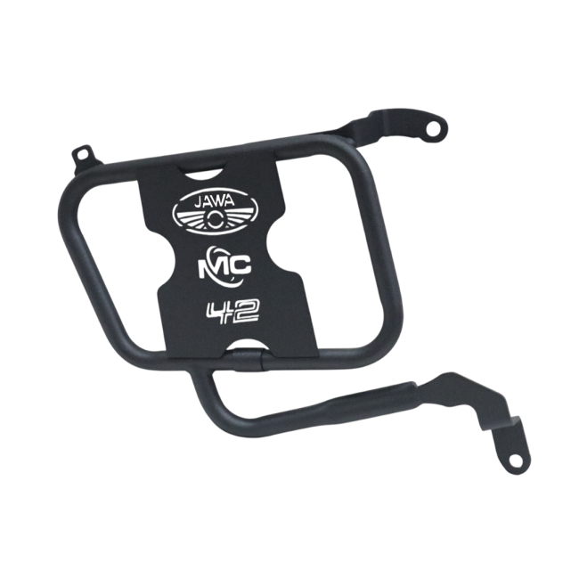 MotoCare saddle stay installed on Jawa 42 FJ motorcycle supporting saddlebags for touring and stability