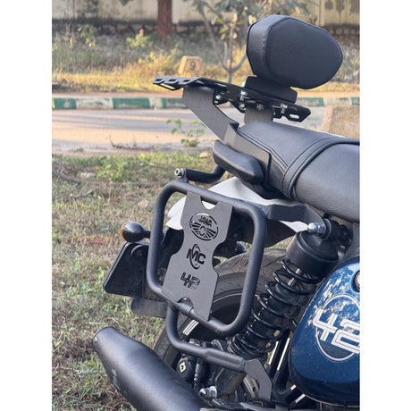 MotoCare saddle stay installed on Jawa 42 FJ motorcycle supporting saddlebags for touring and stability