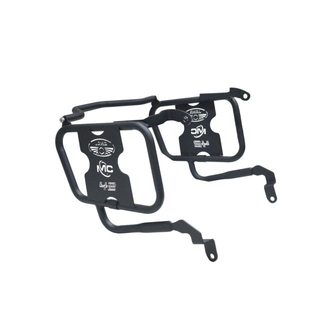 MotoCare saddle stay installed on Jawa 42 FJ motorcycle supporting saddlebags for touring and stability