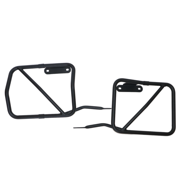 MotoCare plate-free saddle stay installed on Hero Xpulse motorcycle supporting saddlebags for touring and off-road use