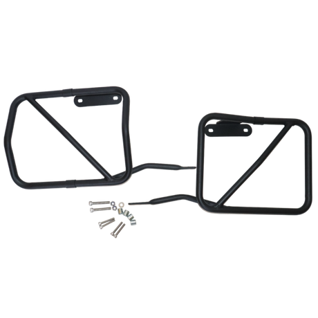 MotoCare plate-free saddle stay installed on Hero Xpulse motorcycle supporting saddlebags for touring and off-road use
