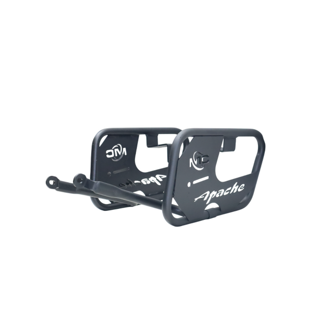 MotoCare saddle stay with plate installed on TVS Apache RTR 160 side view