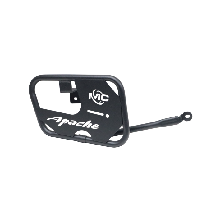 MotoCare saddle stay with plate installed on TVS Apache RTR 160 side view