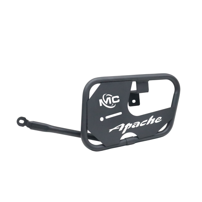 MotoCare saddle stay with plate installed on TVS Apache RTR 160 side view
