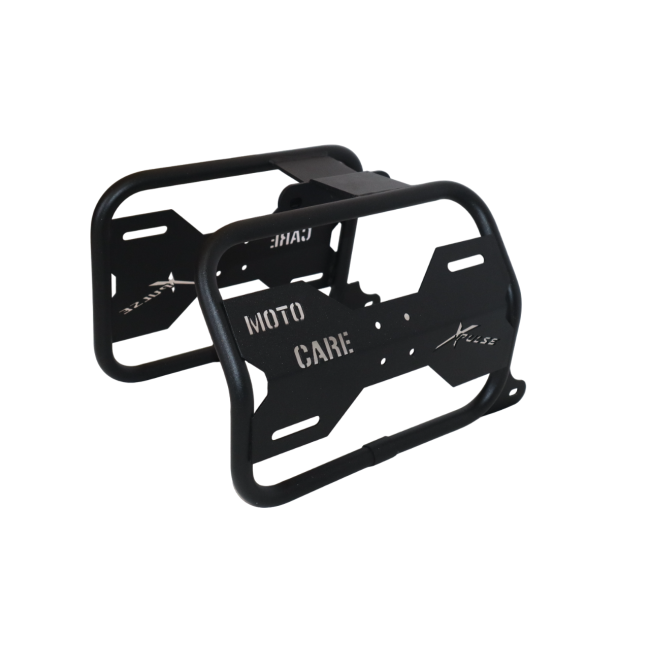 MotoCare saddle stay with plate installed on Hero Xpulse motorcycle supporting saddlebags for touring and off-road stability
