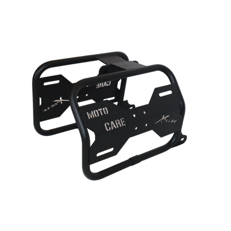 MotoCare saddle stay with plate installed on Hero Xpulse motorcycle supporting saddlebags for touring and off-road stability
