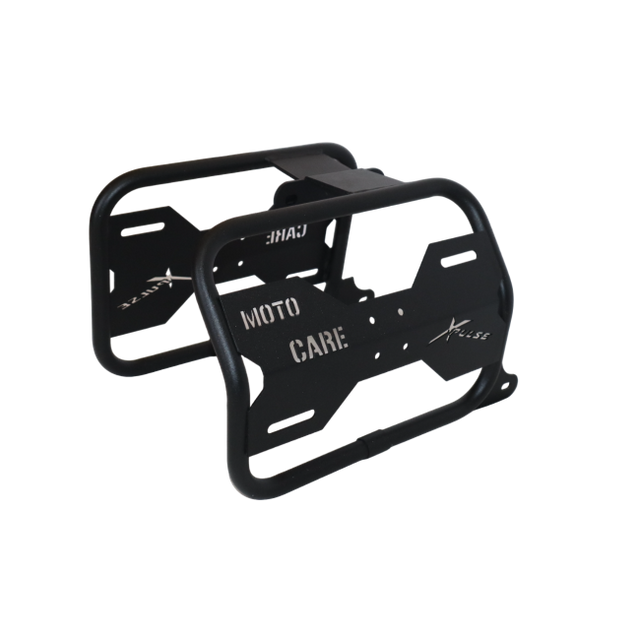 MotoCare saddle stay with plate installed on Hero Xpulse motorcycle supporting saddlebags for touring and off-road stability