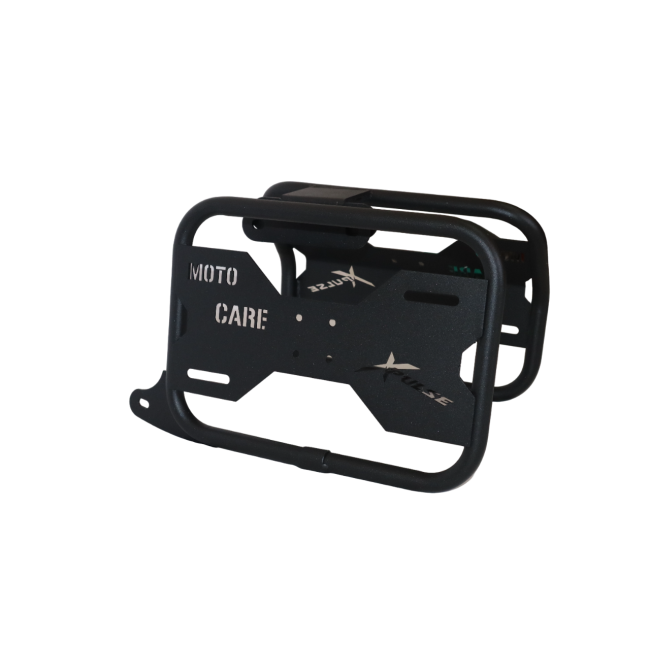 MotoCare saddle stay with plate installed on Hero Xpulse motorcycle supporting saddlebags for touring and off-road stability