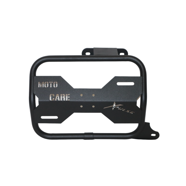 MotoCare saddle stay with plate installed on Hero Xpulse motorcycle supporting saddlebags for touring and off-road stability