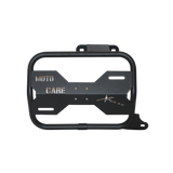 MotoCare saddle stay with plate installed on Hero Xpulse motorcycle supporting saddlebags for touring and off-road stability