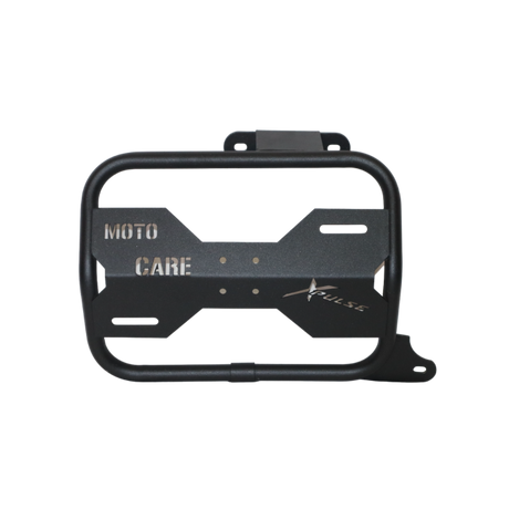 MotoCare saddle stay with plate installed on Hero Xpulse motorcycle supporting saddlebags for touring and off-road stability